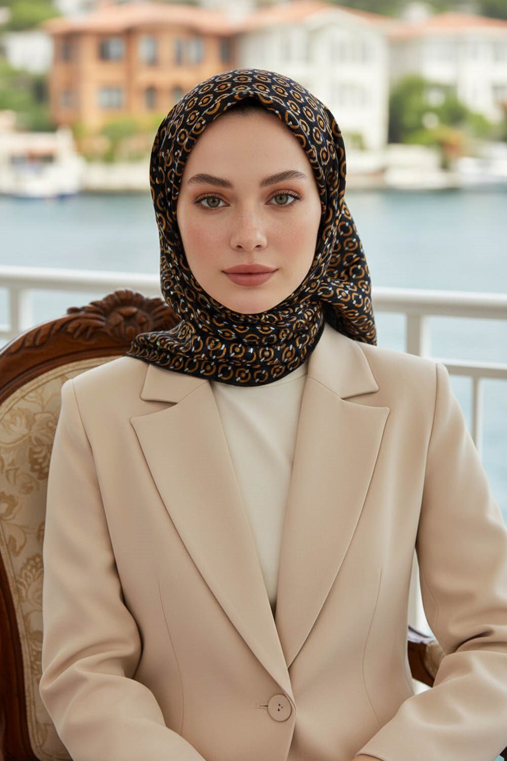 %100 Twill İpek Zincir Desenli Siyah - Gold Renkli 90x90 Eşarp Kenar Dikiş Şekli El Dikişli