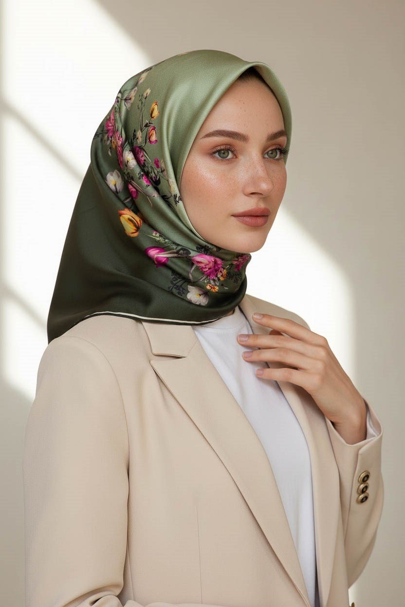 %100 Twill İpek Sonsuz Çiçek Desenli Haki Renkli 90x90 Eşarp Dikim Şekli : El Dikişi