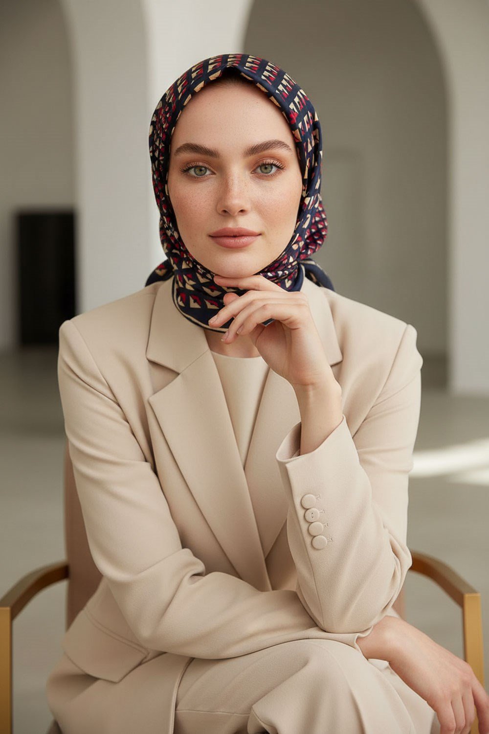 %100 Twill İpek Geometrik Desenli Lacivert - Kırmızı Renkli 90x90 Eşarp Dikim Şekli : El Dikişi