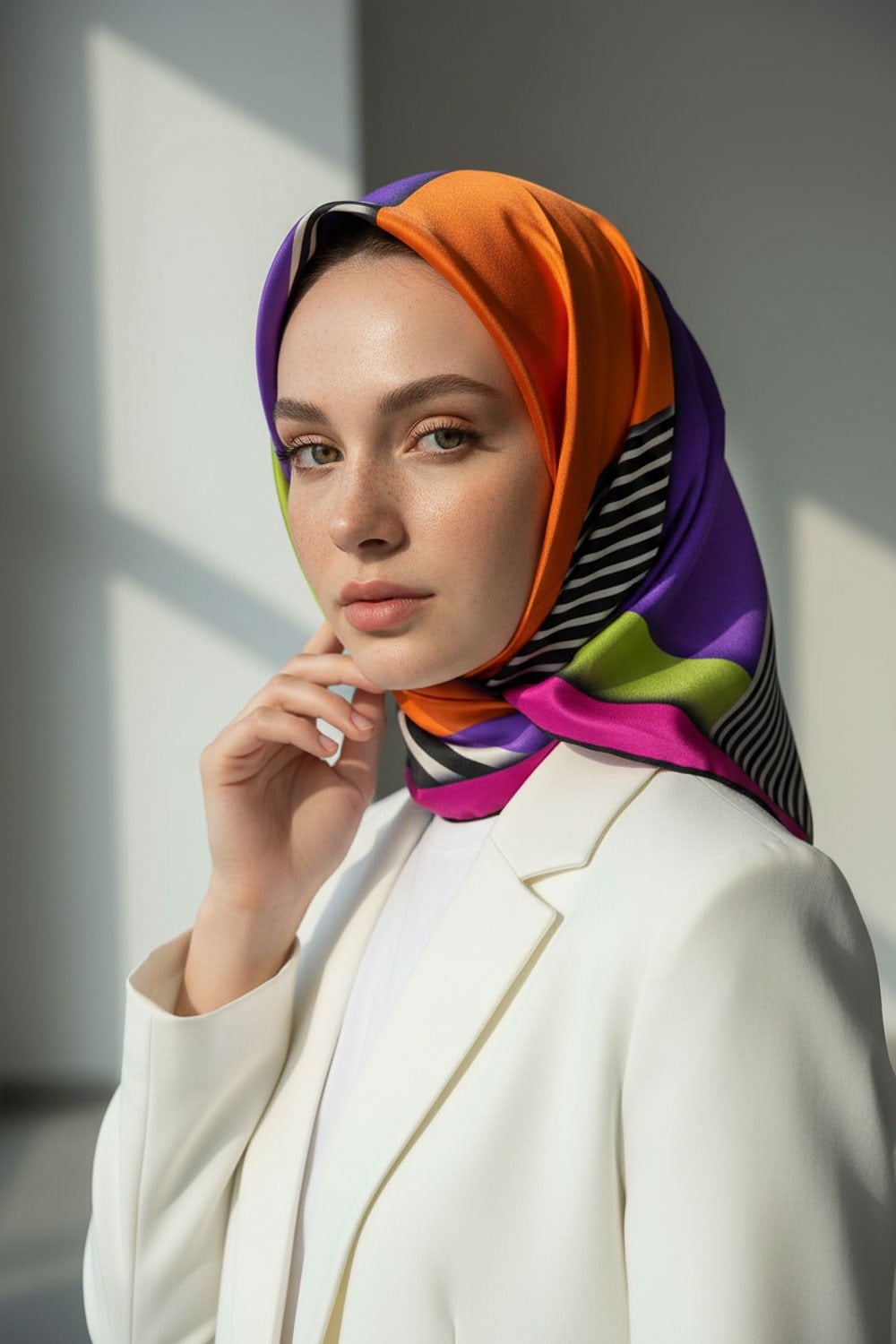 %100 Twill İpek Çizgili ve Geometrik Desenli Fuşya - Turuncu Renkli 90x90 Eşarp Dikim Şekli : El Dikişi
