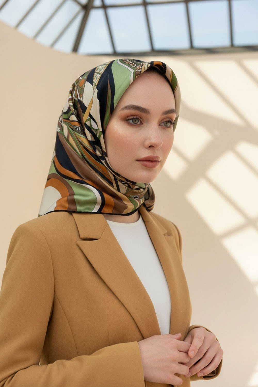 100% Twill Etnik Yaprak Desenli Haki Renkli 90x90 Dikim Şekli : El Dikişi Eşarp