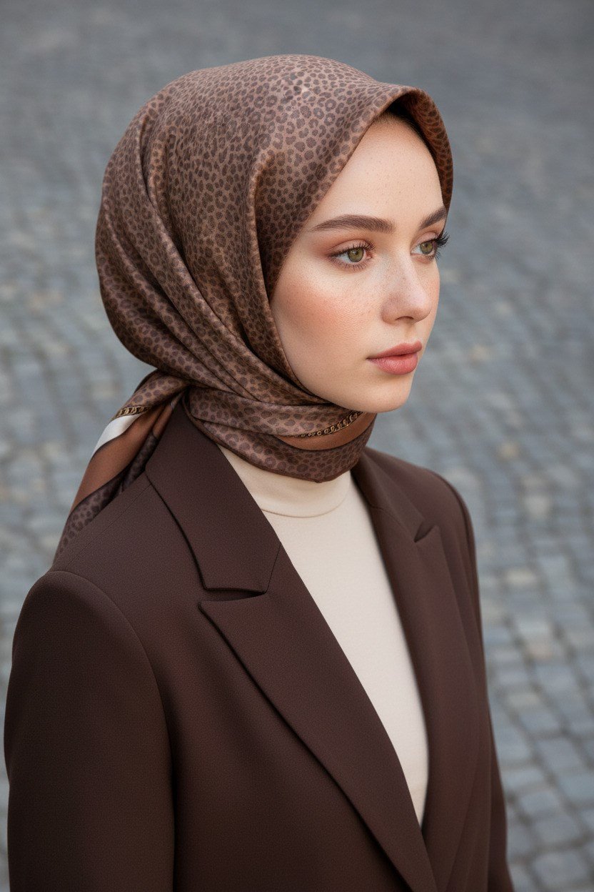 % 57 İPEK % 43 VİSKON Twill İpek Leopar Desenli Vizon Renkli 90x90 Eşarp Dikim Şekli : El Dikişi
