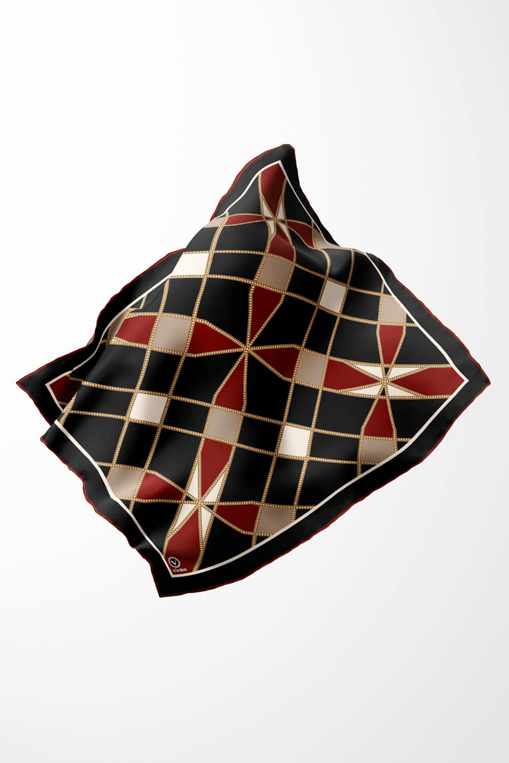 Twill Gold Detaylı Geometrik Çiçekli Desenli Bordo Renkli 90x90 Eşarp (İpek İçermez) Kenar Dikiş Şekli El Dikişli