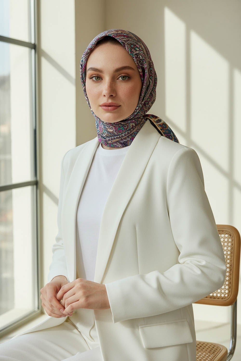 %100 Twill İpek Etro Desenli Krem Renkli 90x90 Eşarp Dikim Şekli : El Dikişi
