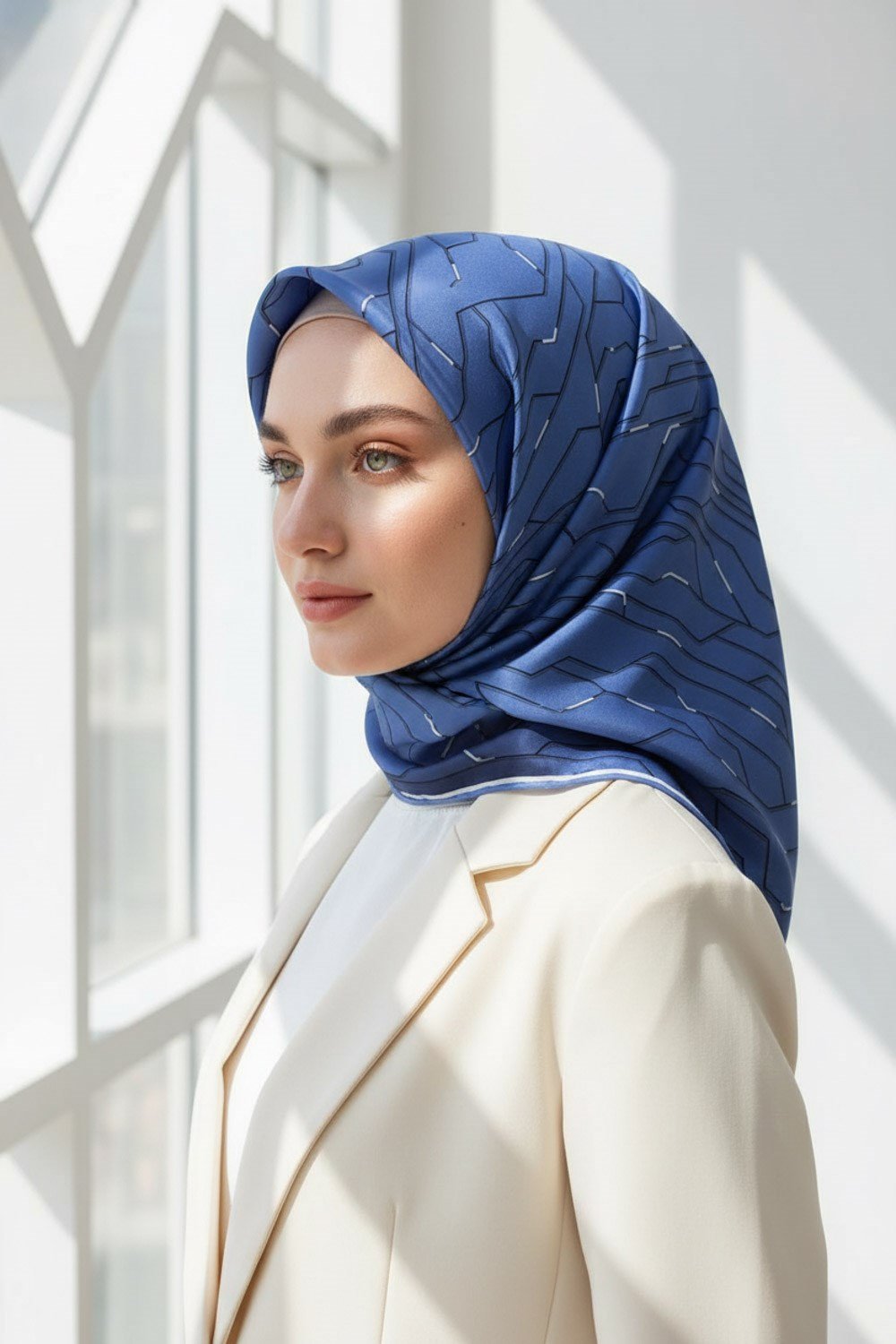 %100 Twill İpek Geometrik Desenli İndigo Renkli 90x90 Eşarp Dikim Şekli : El Dikişi