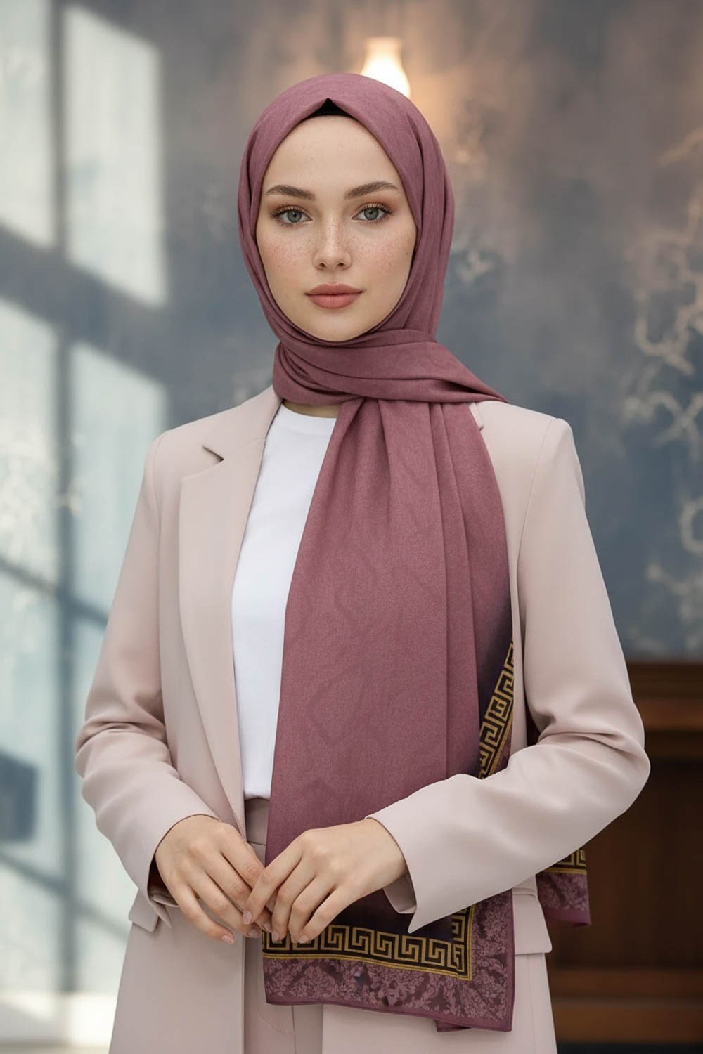 KREP GOLD DETAYLI BAROK DESENLİ GÜL KURUSU RENKLİ 75X195 KIRIŞMAZ ŞAL