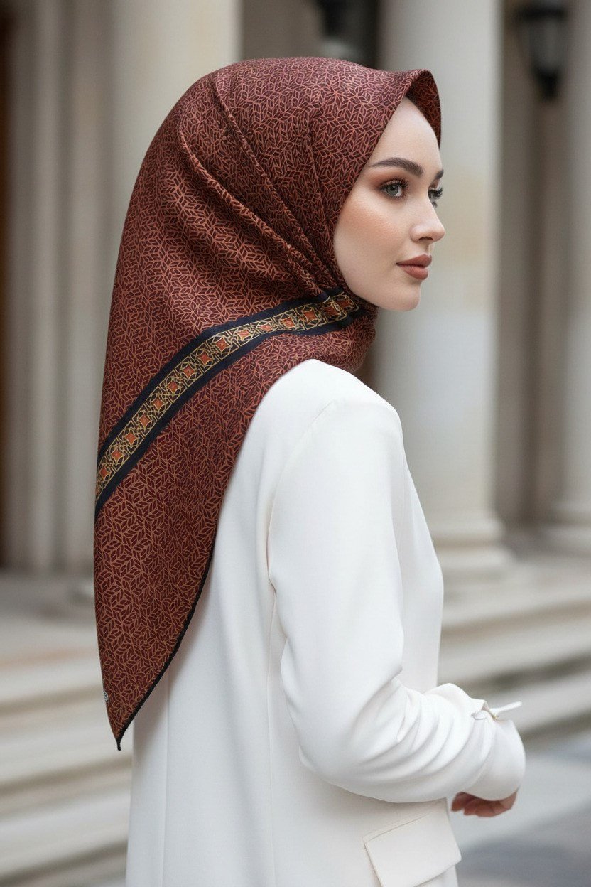 % 57 İPEK % 43 VİSKON Twill İpek Geometrik Desenli Taba - Siyah Renkli 90x90 Eşarp Dikim Şekli : El Dikişi