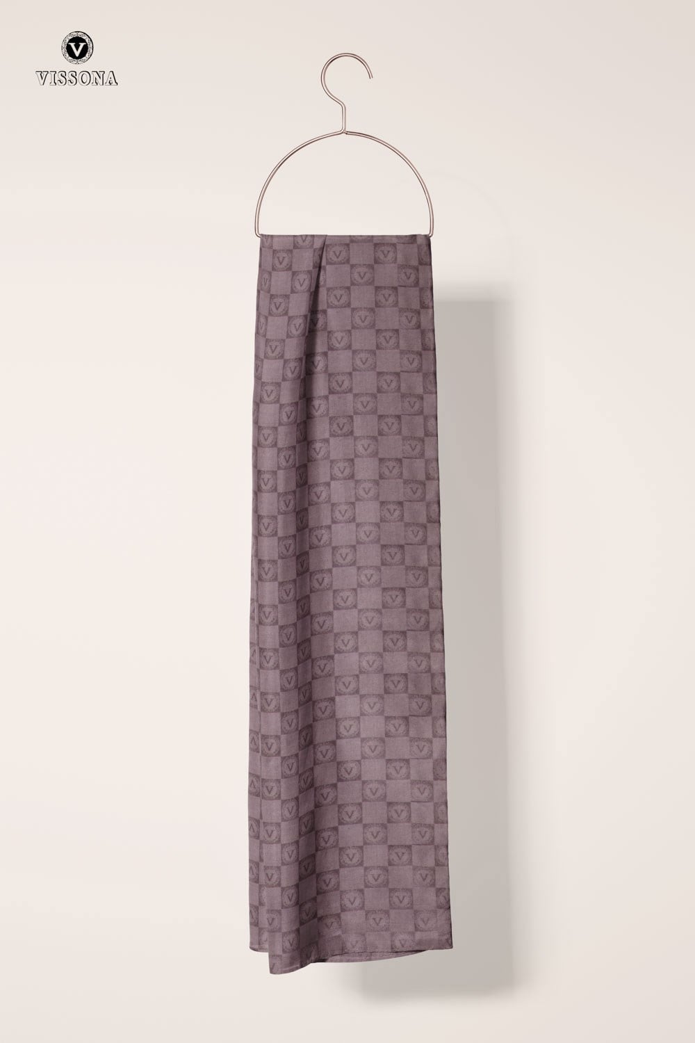 Vissona %57 İPEK %43 PAMUK Monogram Desenli Gül Kurusu Renkli Şal -  70x190 Dikiş Tipi İtalyan Dikişli