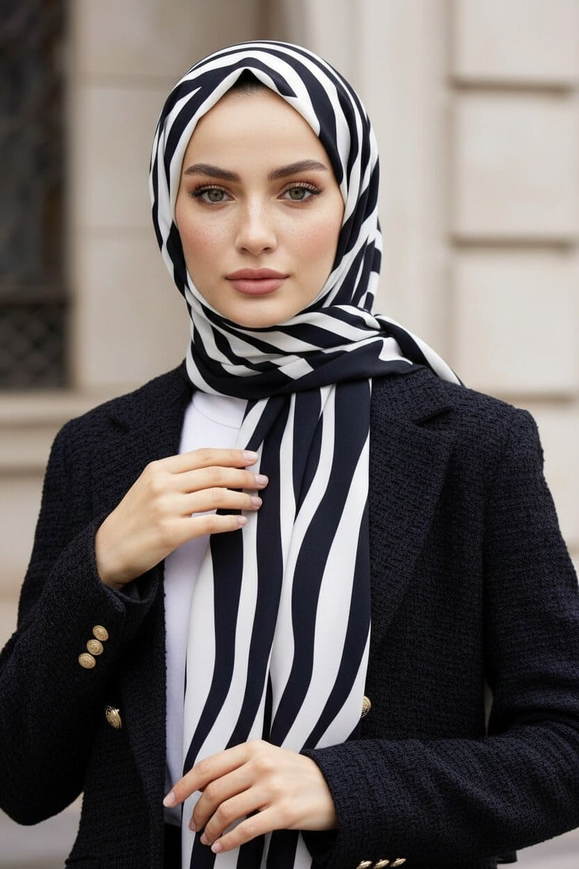 Krep Şal 75x190 Zebra Desenli Siyah Beyaz Kırışmaz Kadın Şal