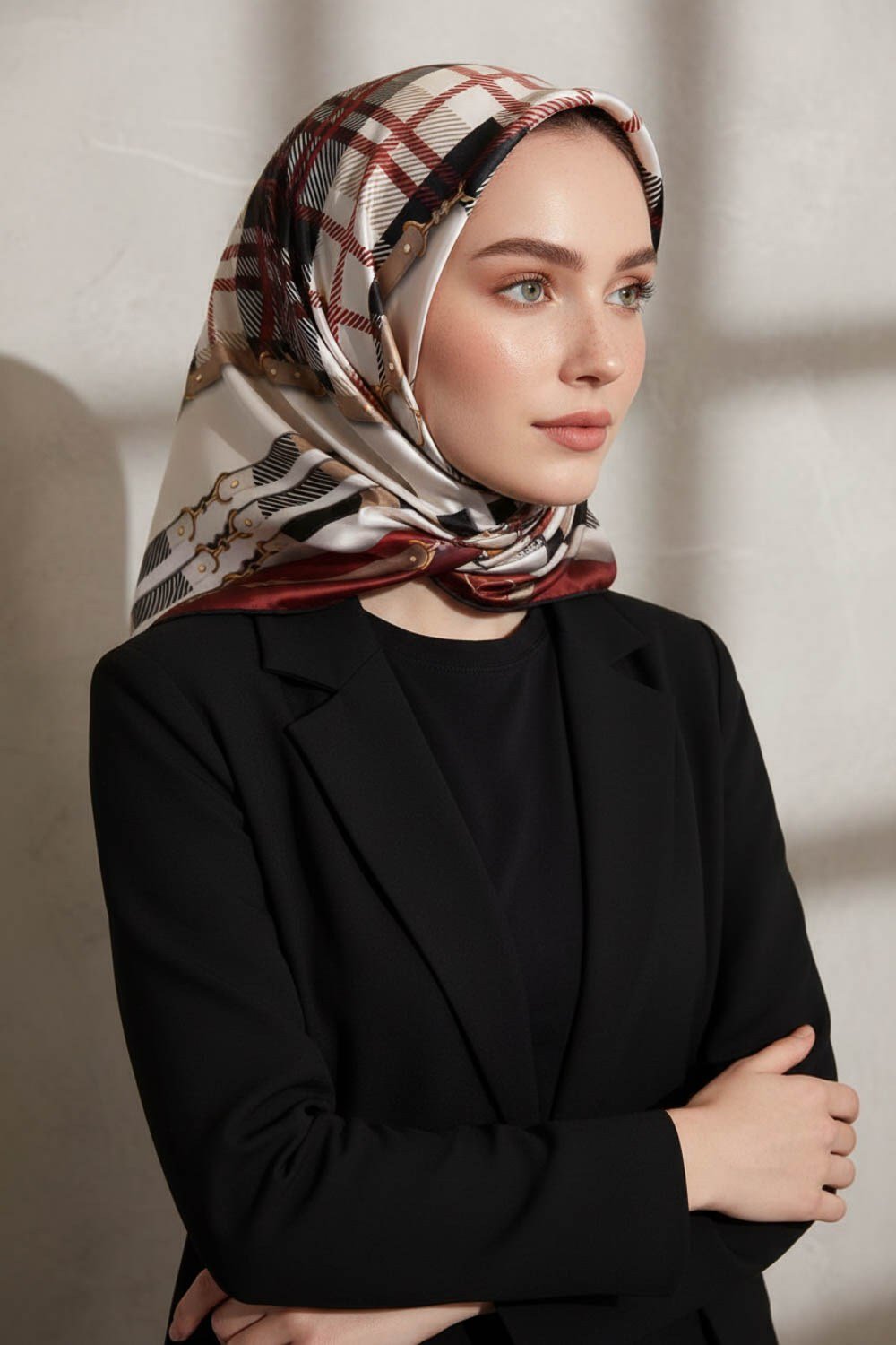 Twill Ekoseli Ve Zincir Desenli Bordo Renkli 90x90 Eşarp (İpek İçermez) Dikim Şekli : El Dikişi