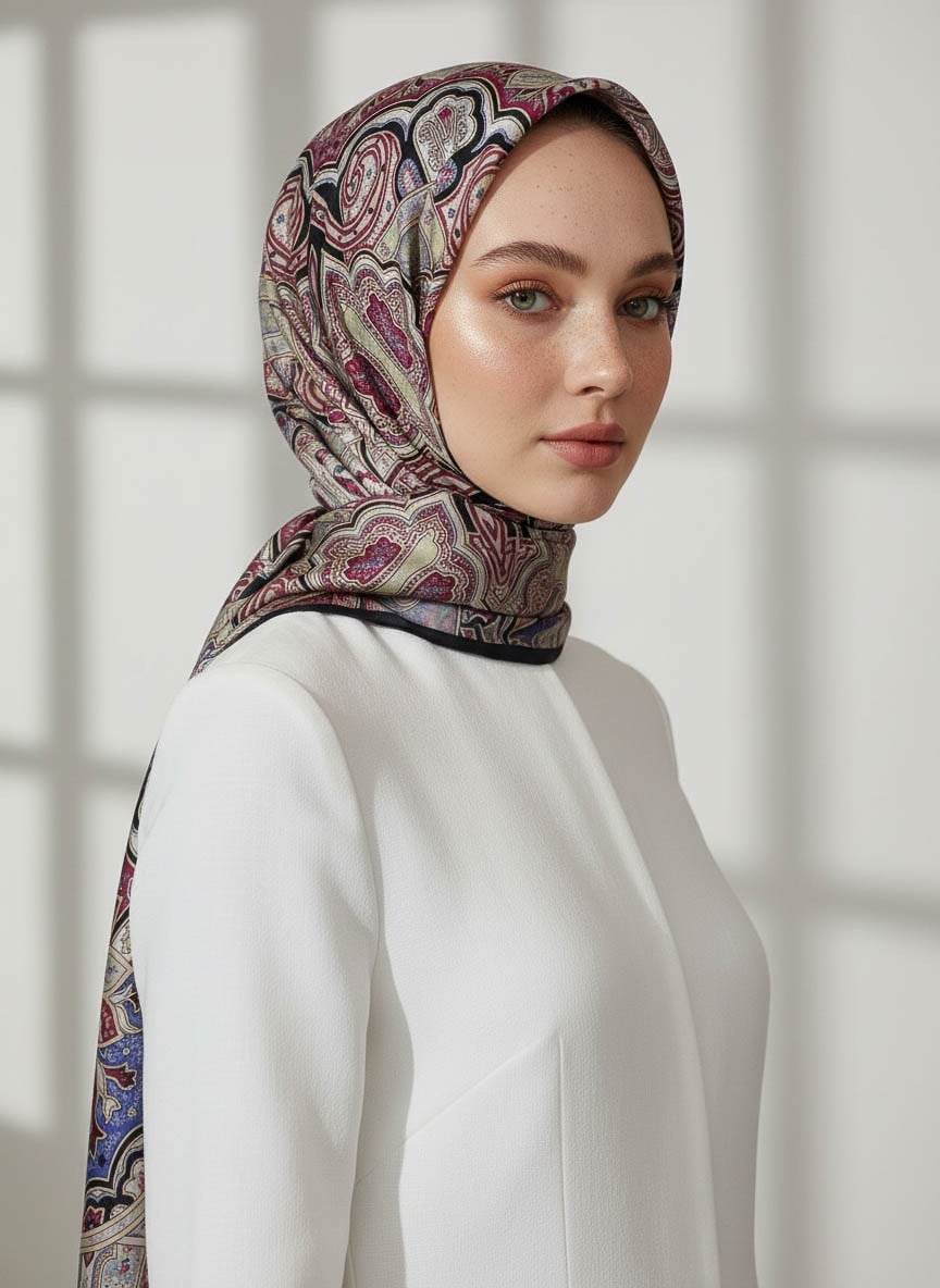 %100 Saf İpek Şal İnce Saten Vual Dokuma Etnik Desenli Siyah Renkli 90x210 Şal