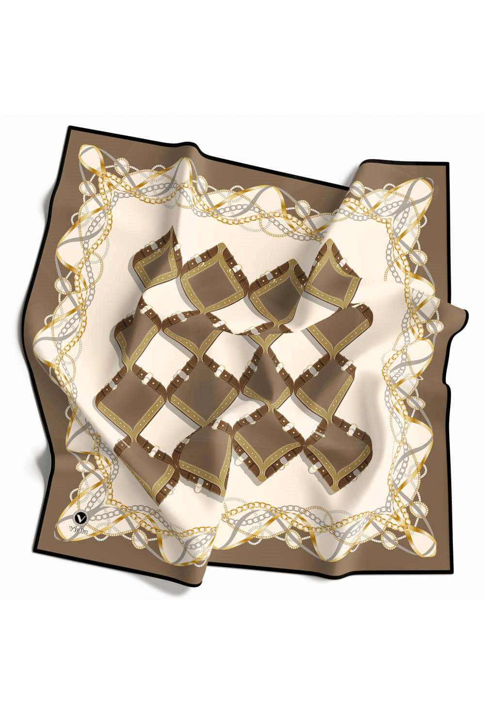 Twill Kemer Ve Zincir Desenli Vizon Renkli 90x90 Eşarp (İpek İçermez) Kenar Dikiş Şekli El Dikişli