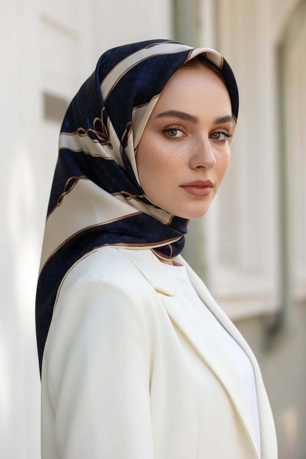 %100 Twill İpek Puantiyeli ve Geometrik Desenli Lacivert - Krem Renkli 90x90 Eşarp Dikim Şekli : El Dikişi