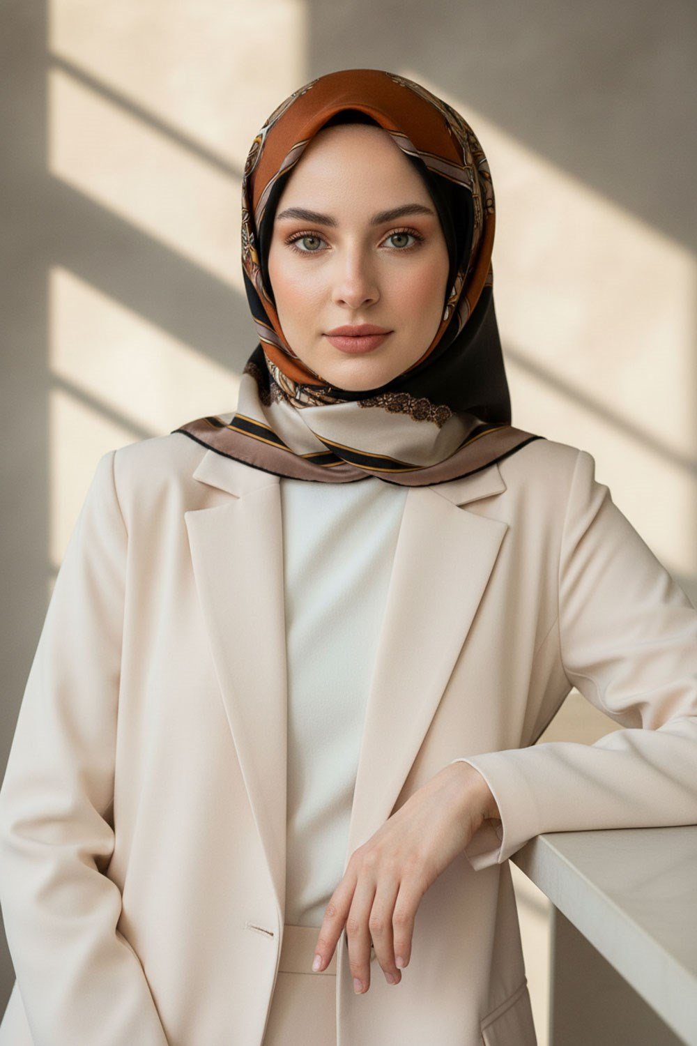 %100 Twill Barok Desenli Taba - Bej Renkli 90x90 Eşarp Dikim Şekli: El Dikişi