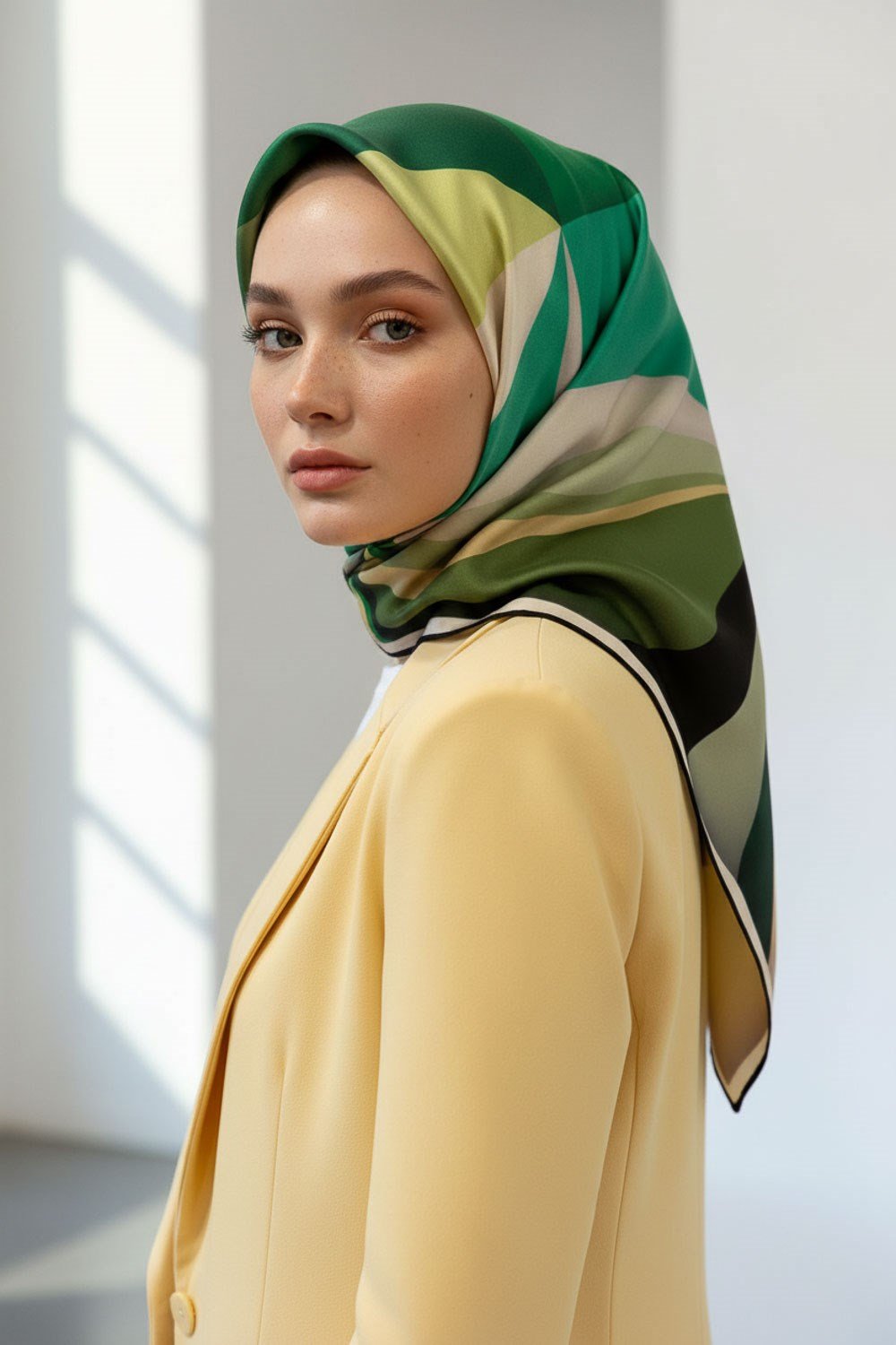 %100 Twill İpek Geometrik Desenli Zümrüt Yeşili Renkli 90x90 Eşarp Dikim Şekli : El Dikişi