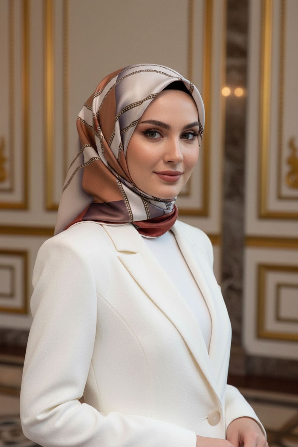 %100 Twill İpek Geometrik Desenli Taba - Hardal Renkli Renkli 90x90 Eşarp Dikim Şekli : El Dikişi