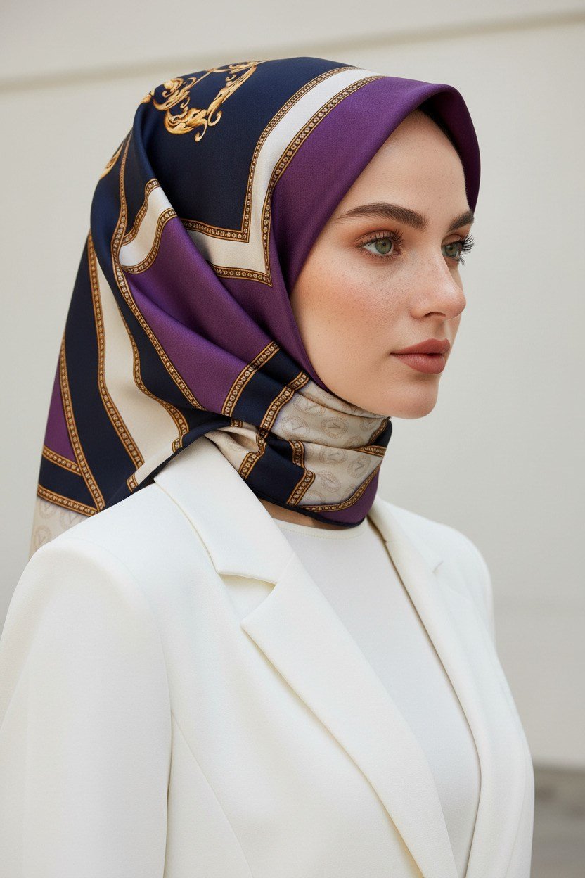 %100 Twill İpek Monogram ve Barok Desenli Lila - Lacivert Renkli 90x90 Eşarp Dikim Şekli : El Dikişi
