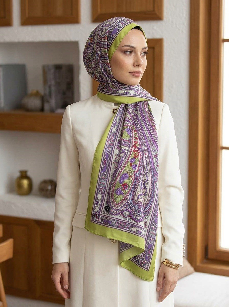 %100 Saf İpek Şal İnce Saten Vual Dokuma Etro Desenli Fıstık Yeşili Renkli 90x210 Şal