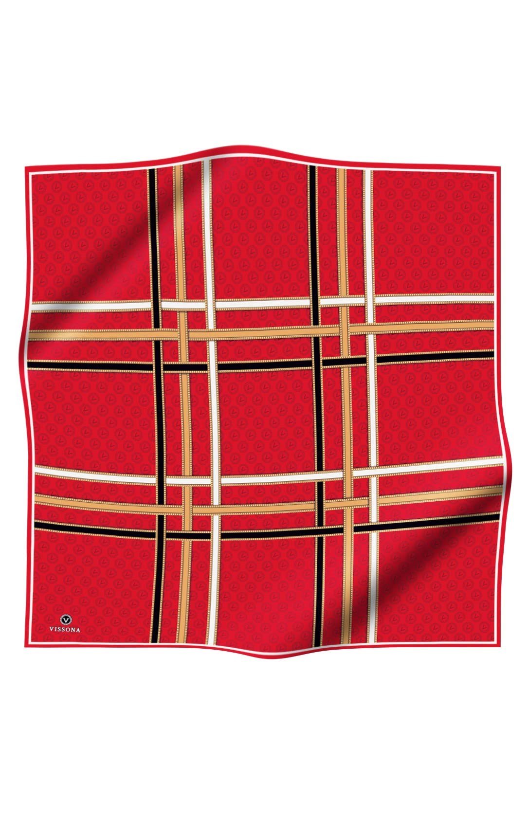 %100 Twill İpek Gold Şeritli Monogram Desenli Kırmızı - Gold Renkli 90x90 Eşarp Dikim Şekli : El Dikişi
