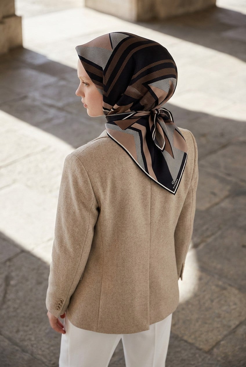 %100 Twill İpek Geometrik Desenli Bej - Siyah Renkli 90x90 Eşarp Dikim Şekli : El Dikişi