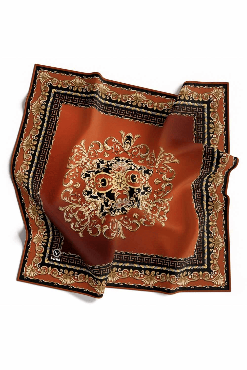 Twill Barok Desenli Siyah - Taba Renkli 90x90 Eşarp (İpek İçermez) Dikim Şekli : El Dikişi