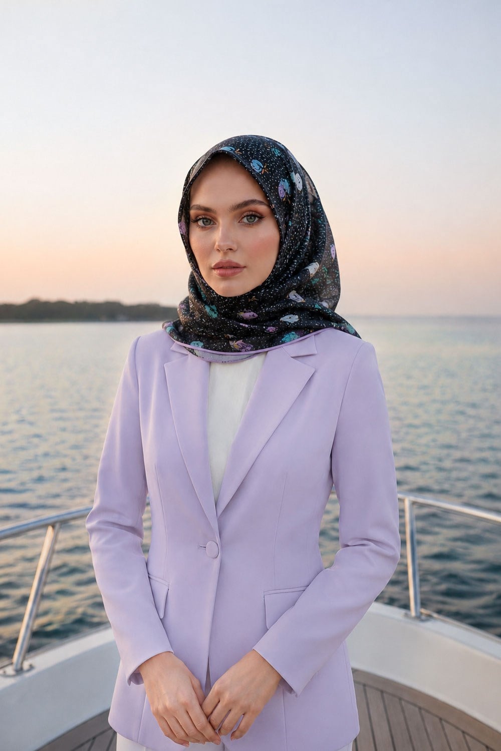 %100 Twill İpek Çıtır Çiçek Desenli Lila - Su Yeşili Renkli 90x90 Eşarp Dikim Şekli : El Dikişi
