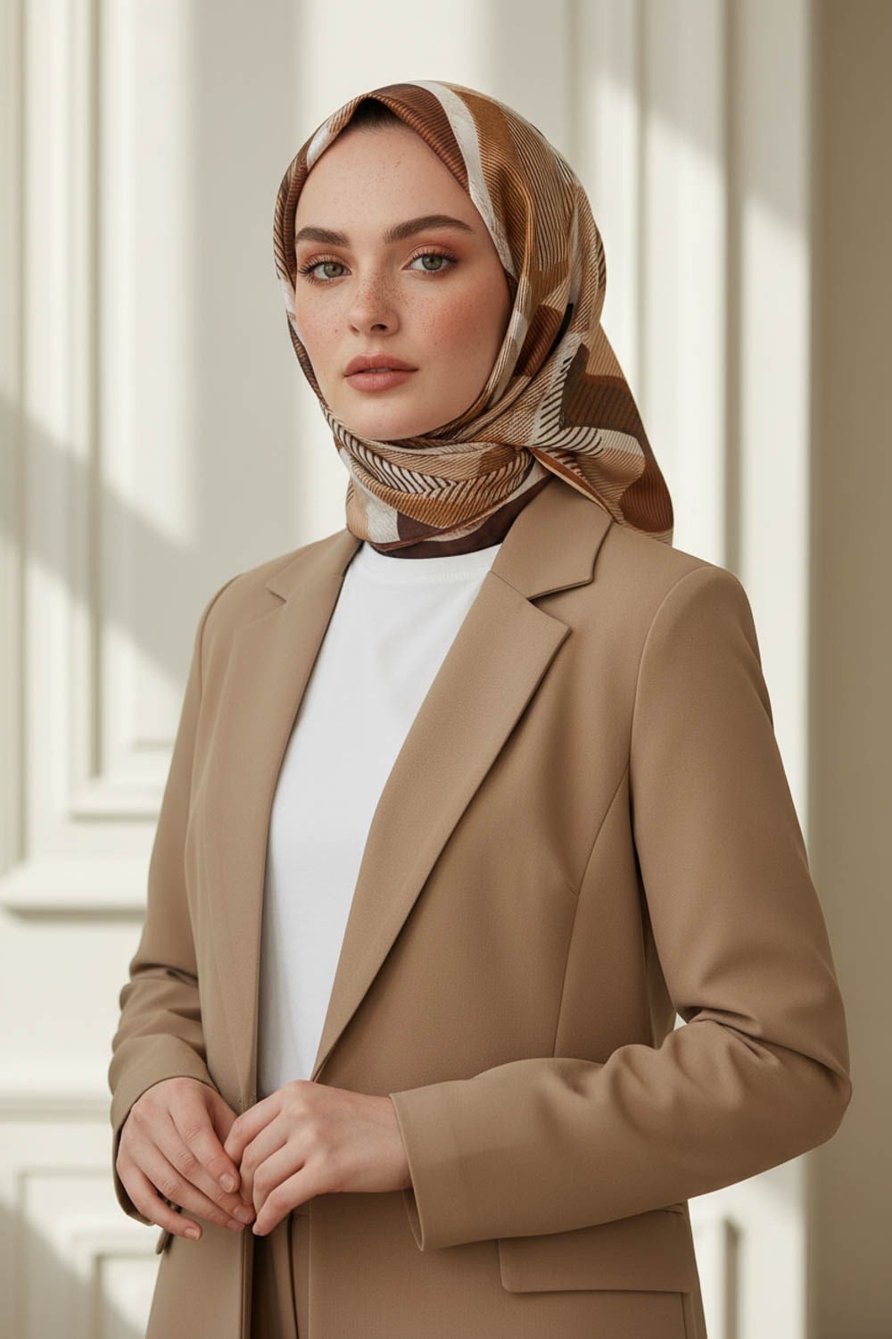 %100 Twill İpek Geometri Desenli Krem - Kahve Renkli 90x90 Eşarp Kenar Dikiş Şekli El Dikişli