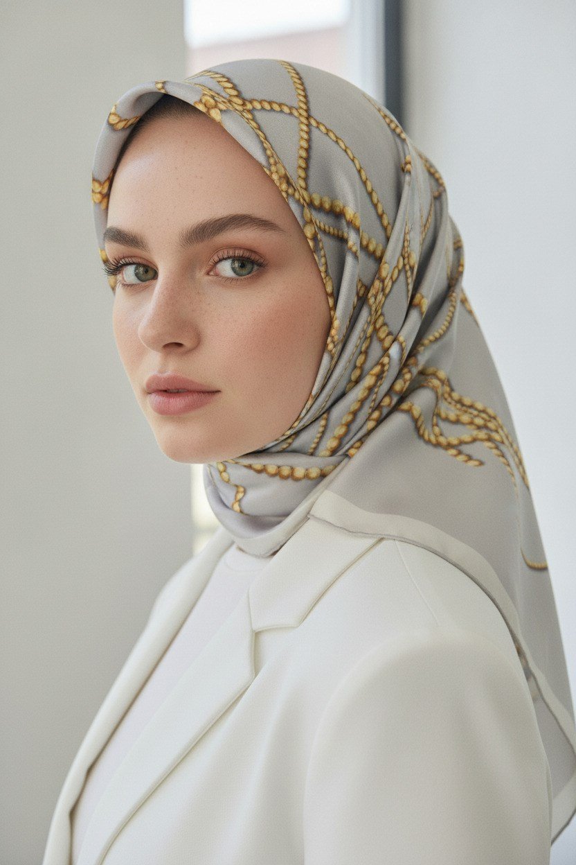 %100 Twill İpek İnci Desenli Gümüş Renkli 90x90 Eşarp Kenar Dikiş Şekli : El Dikişli