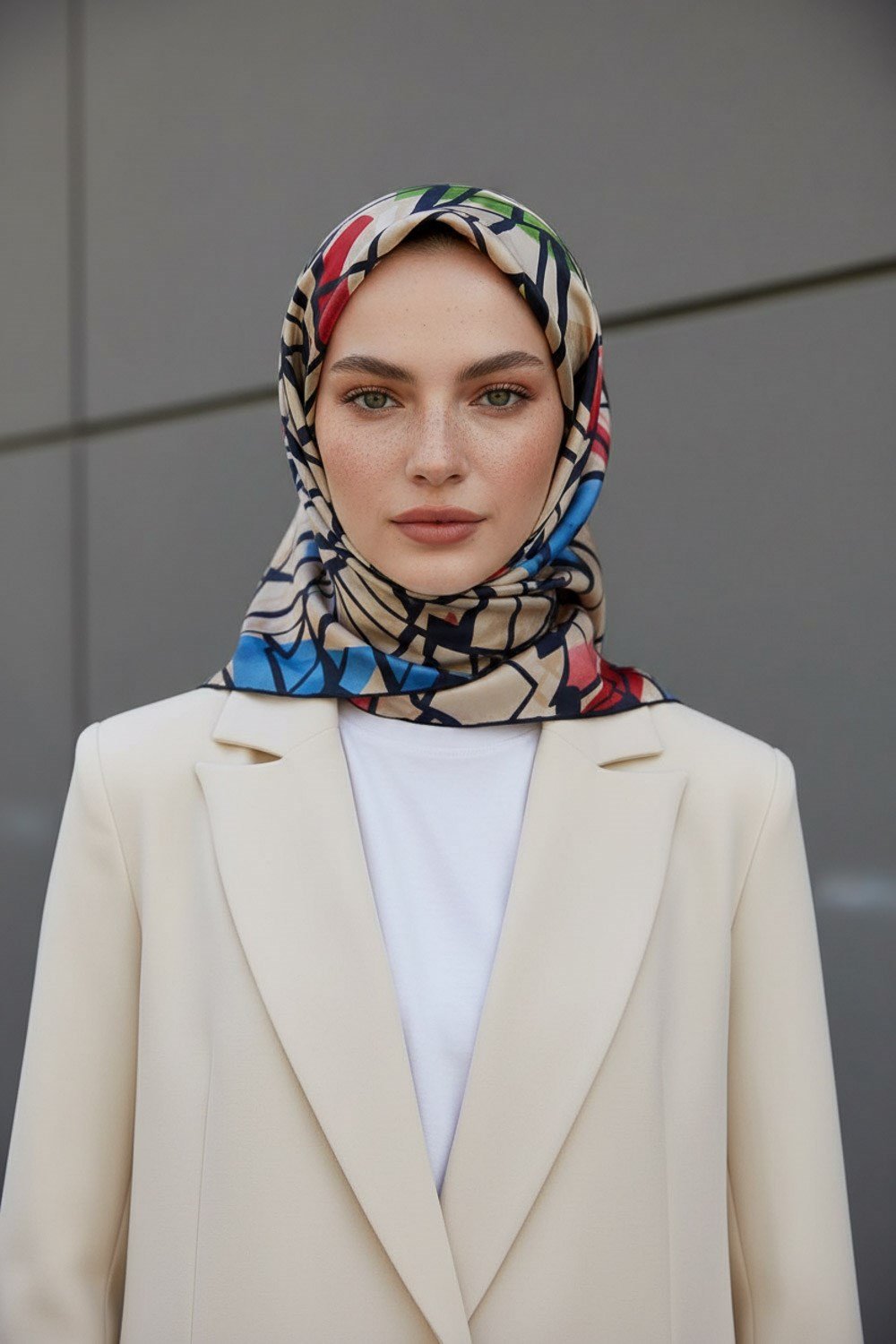 %100 Twill Renkli Petek Desenli Kırmızı - Saks Renkli 90x90 Eşarp Dikim Şekli: El Dikişii