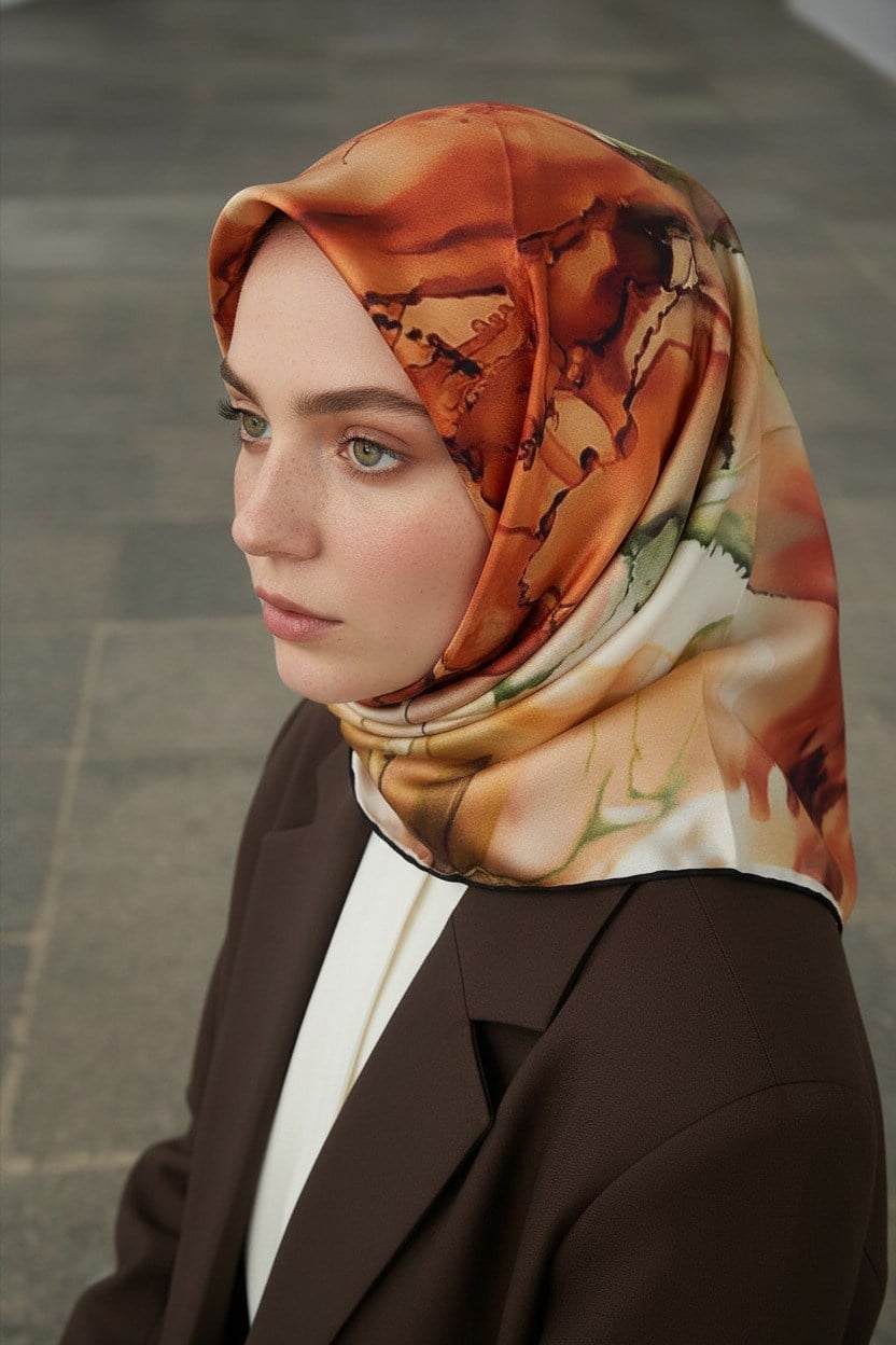 %100 Twill İpek Batik Çiçek Desenli Taba - Haki Yeşili Renkli 90x90 Eşarp Kenar Dikiş Şekli El Dikişli
