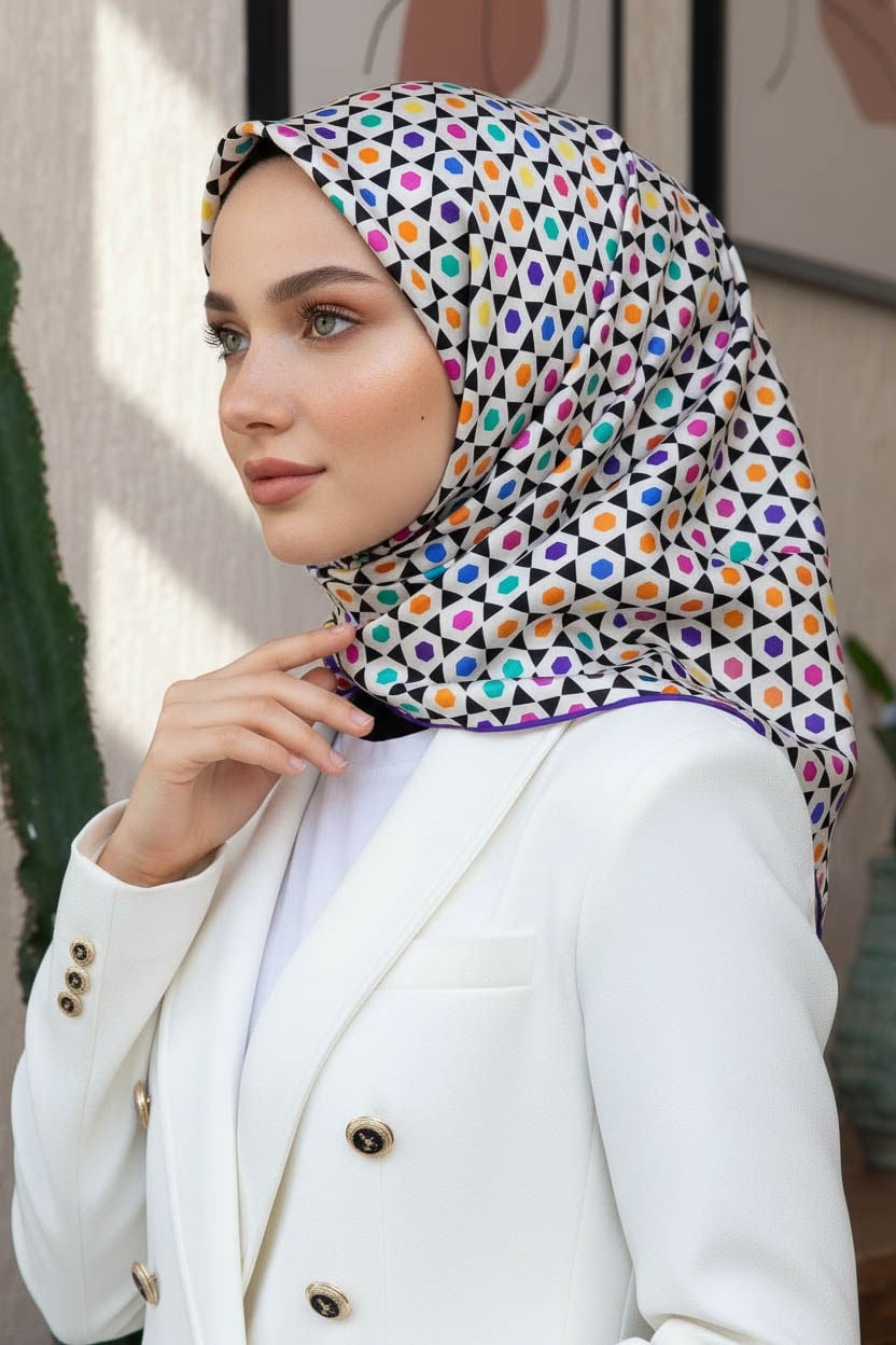 %100 Twill İpek Nokta Desenli Krem - Mor Renkli 90x90 Eşarp Dikim Şekli : El Dikişi
