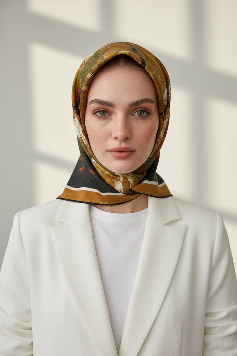 %100 Twill İpek Yağlı Boya Çiçek Desenli Bej - Haki Renkli 90x90 Eşarp Dikim Şekli : El Dikişi
