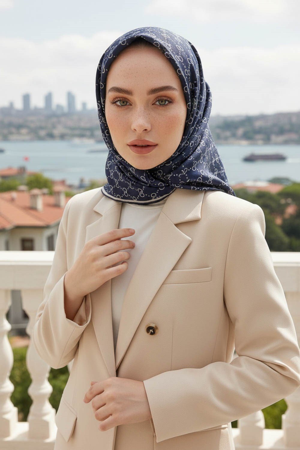 %57 İPEK %43 VİSKON Twill İpek Leopar Desenli Lacivert - Beyaz Renkli 90x90 Eşarp Dikim Şekli : El Dikişi