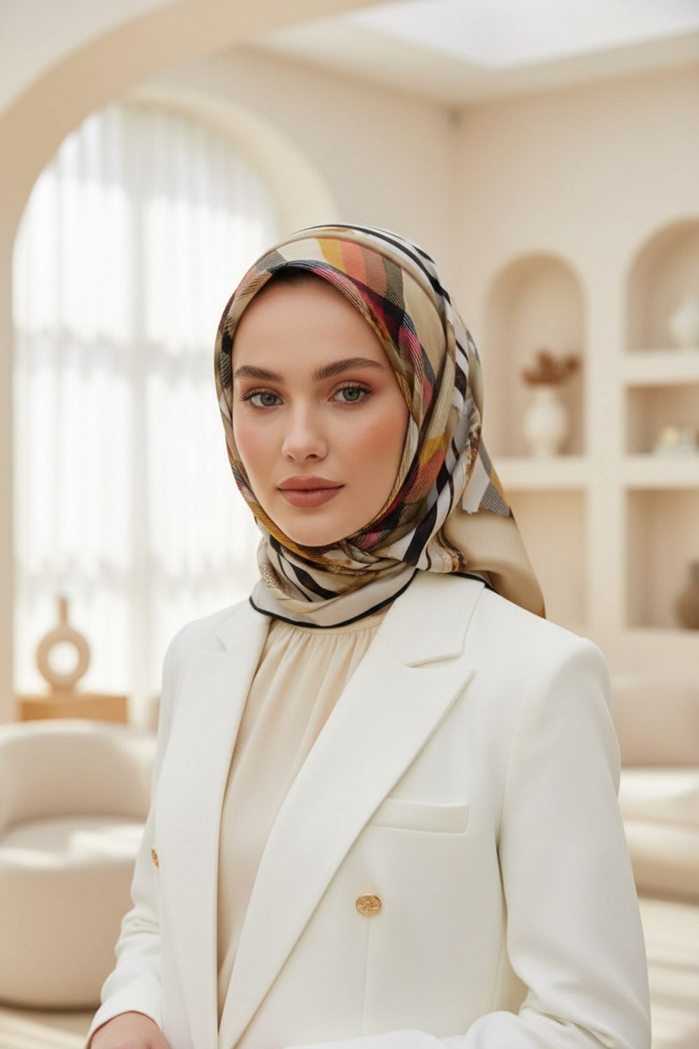 %100 Twill İpek Ekose Desenli Taş - Kırmızı Renkli 90x90 Eşarp Dikim Şekli : El Dikişi
