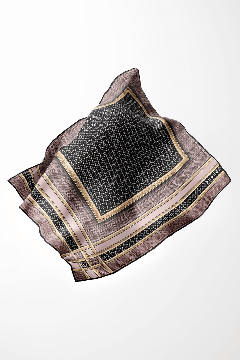 Twill Gold Bordürlü Geometrik Desenli Vizon Renkli 90x90 Eşarp (İpek İçermez) Kenar Dikiş Şekli El Dikişli