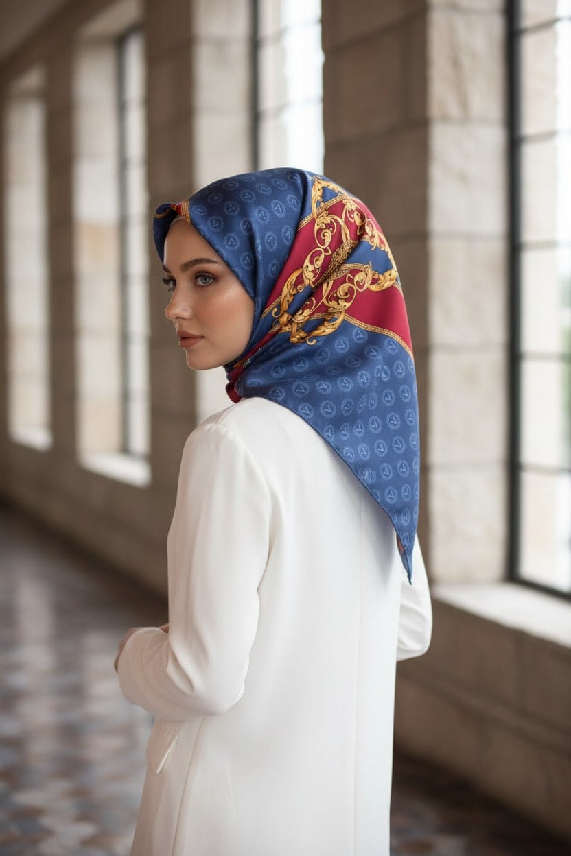 %100 Twill İpek Monogramlı Ve Barok Desenli İndigo - Bordo Renkli 90x90 Eşarp Dikim Şekli : El Dikişi
