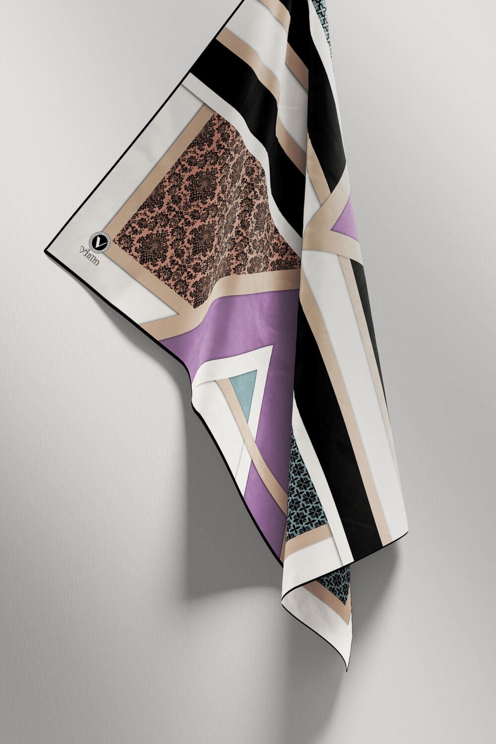 Twill Geometrik Barok Desenli Lila - Su Yeşili  Renkli 90x90 Eşarp (İpek İçermez) Kenar Dikiş Şekli El Dikişli