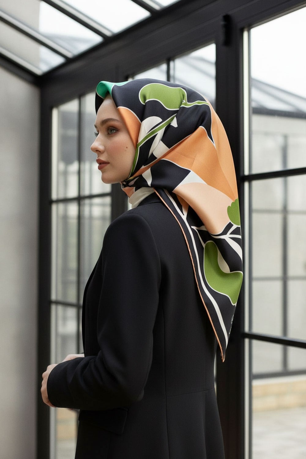 %100 Twill İpek Yaprak Desenli Somon - Su Yeşili Renkli 90x90 Eşarp Dikim Şekli : El Dikişi
