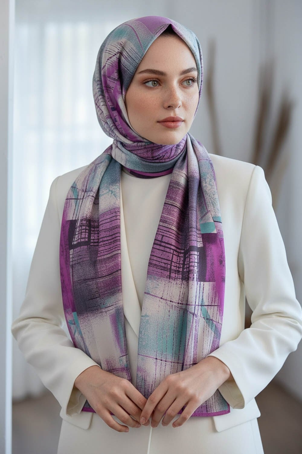 KREP GEOMETRİK DESENLİ PEMBE RENKLİ 75X195 KIRIŞMAZ ŞAL