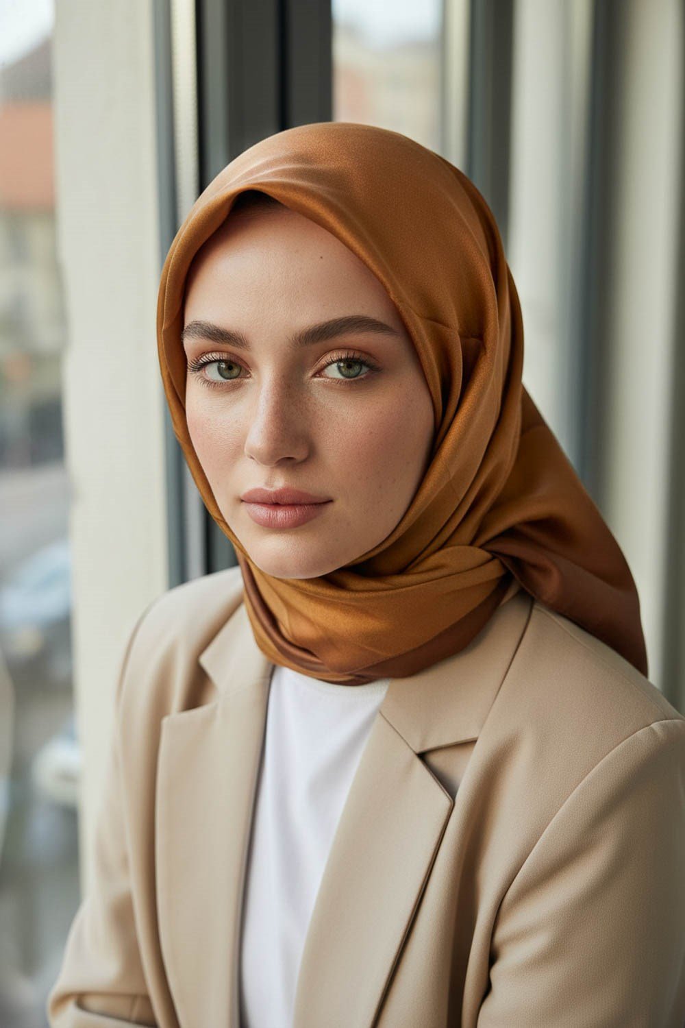 %100 Twill İpek Eşarp 90x90 Gold Degrade Desenli El Dikişli Kadın Eşarp