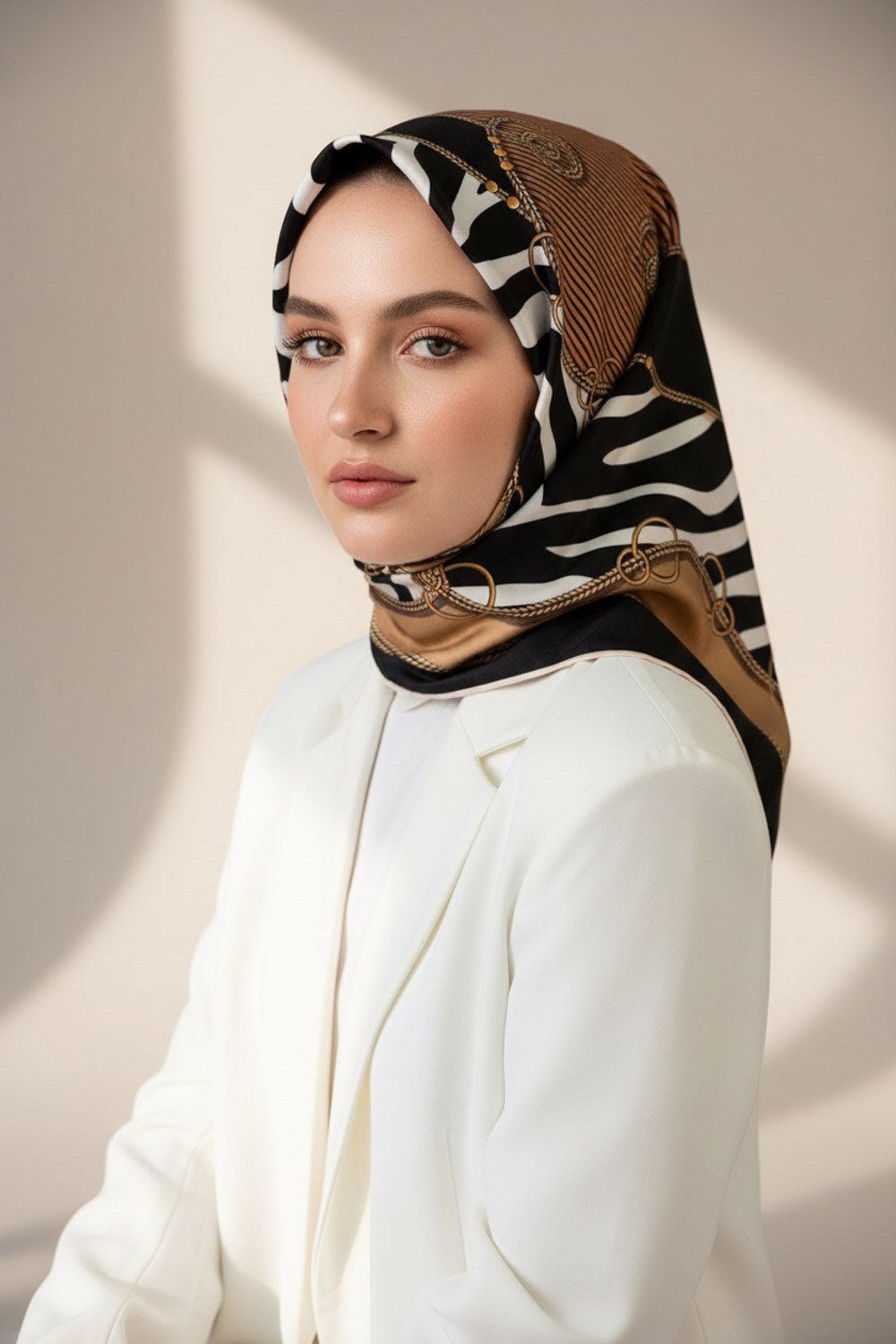 %100 Twill İpek Zincirli Ve Zebra Desenli Bej - Siyah Renkli 90x90 Eşarp Dikim Şekli : El Dikişi