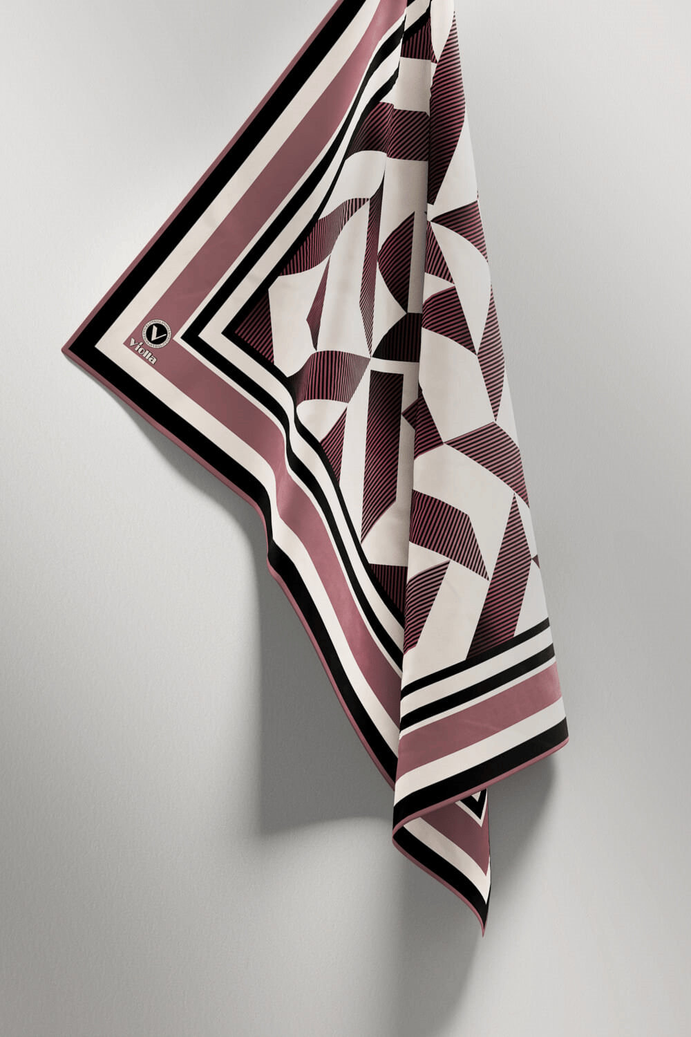 Twill Geometrik Desenli Pudra Renkli 90x90 Eşarp (İpek İçermez) Kenar Dikiş Şekli El Dikişli