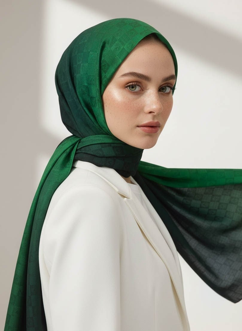 Vissona %57 İPEK %43 PAMUK Degrade Desenli Zümrüt Yeşili Renkli Şal -  70x190 Dikiş Tipi İtalyan Dikişli