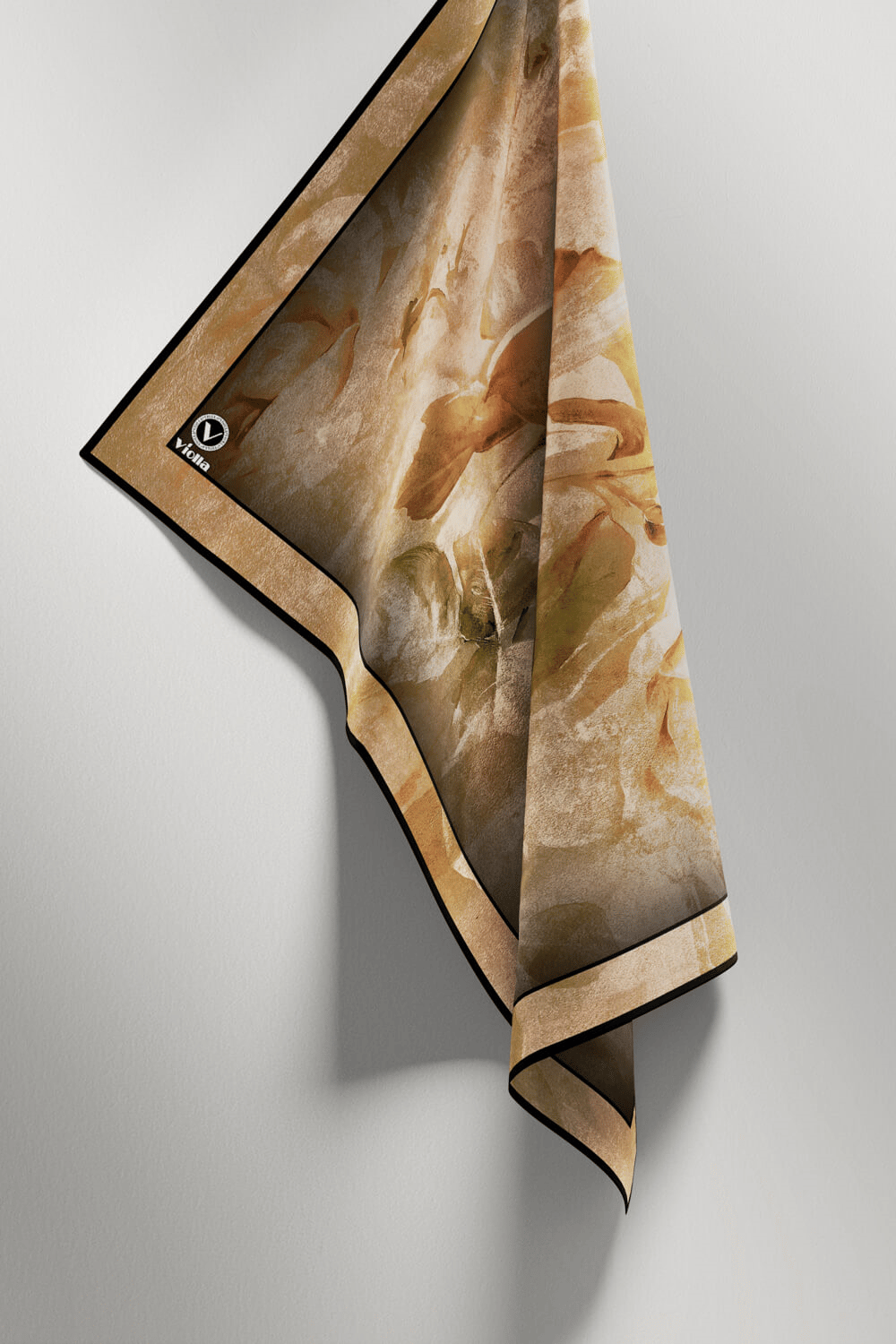Twill Sulu Boyalı Çiçek Desenli Hardal Renkli 90x90 Eşarp (İpek İçermez) Kenar Dikiş Şekli El Dikişli