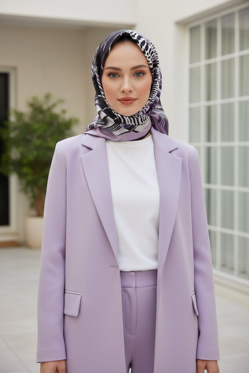 %100 Twill İpek Geometrik Desenli Lila - Mürdüm Renkli 90x90 Eşarp Dikim Şekli : El Dikişi