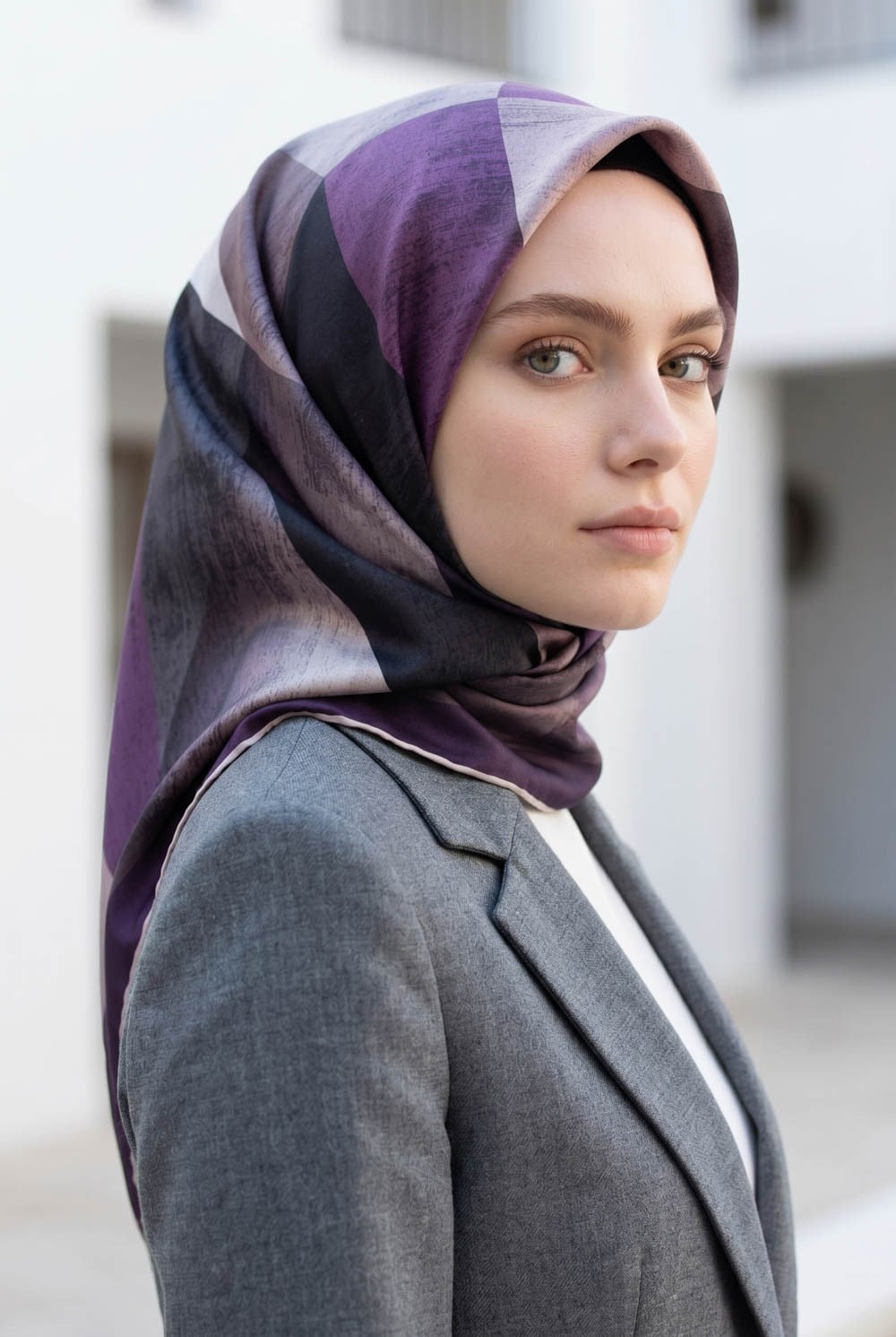 %100 Twill İpek Geometrik Desenli Gri - Gül Kurusu Renkli 90x90 Eşarp Dikim Şekli : El Dikişi