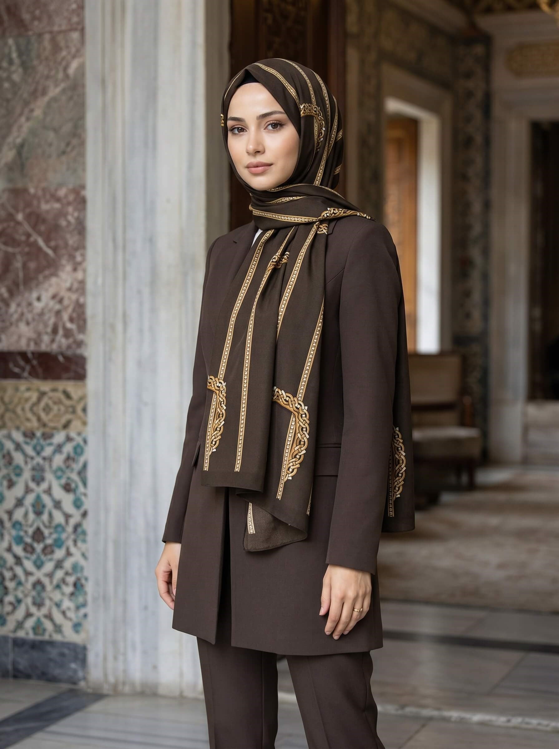 KREP ZİNCİR DESENLİ KAHVERENGİ RENKLİ 75X195 KIRIŞMAZ ŞAL