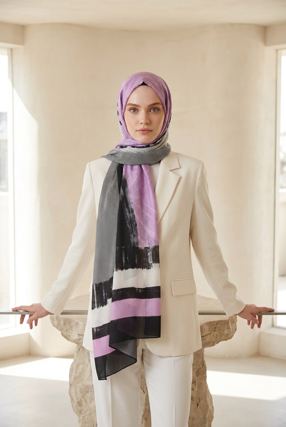%100 Saf İpek Şal İnce Saten Vual Dokuma Patchwork Desenli Siyah - Pembe Renkli 90x210 Şal