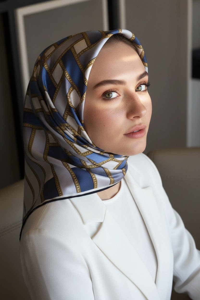 %100 Twill İpek Hasır Örgü Desenli İndigo - Gümüş Renkli 90x90 Eşarp Dikim Şekli : El Dikişi