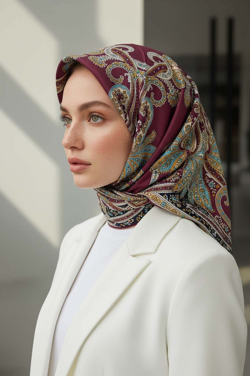 %100 Twill İpek Şal Desenli Bordo Renkli 90x90 Eşarp Dikim Şekli : El Dikişi